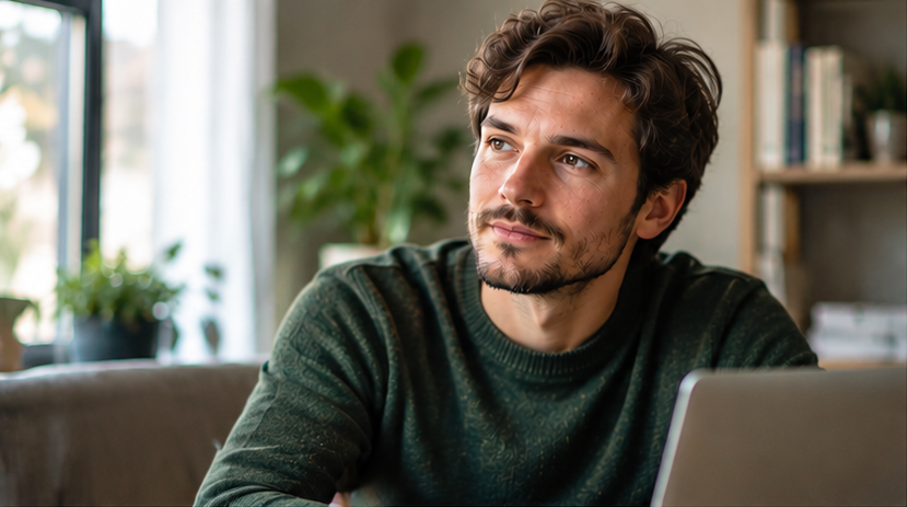 Private Adult ADHD Assessments – Dr Ashley Francis Adult man sitting thoughtfully beside a laptop in a comfortable home setting, illustrating adult ADHD assessments.
