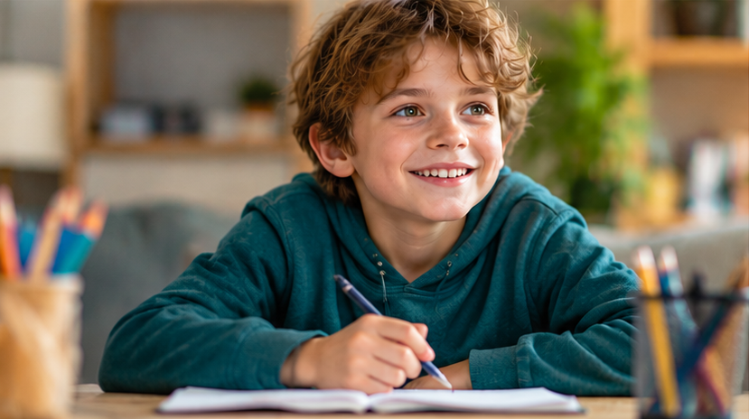 Private Child ADHD Assessments – Dr Ashley Francis Young boy smiling while writing in a notebook at a table, illustrating ADHD assessments for children.