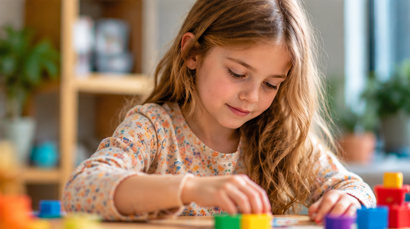 Private Child Autism Assessments – Dr Ashley Francis Young girl playing with colourful building blocks at a table, illustrating autism assessments for children.